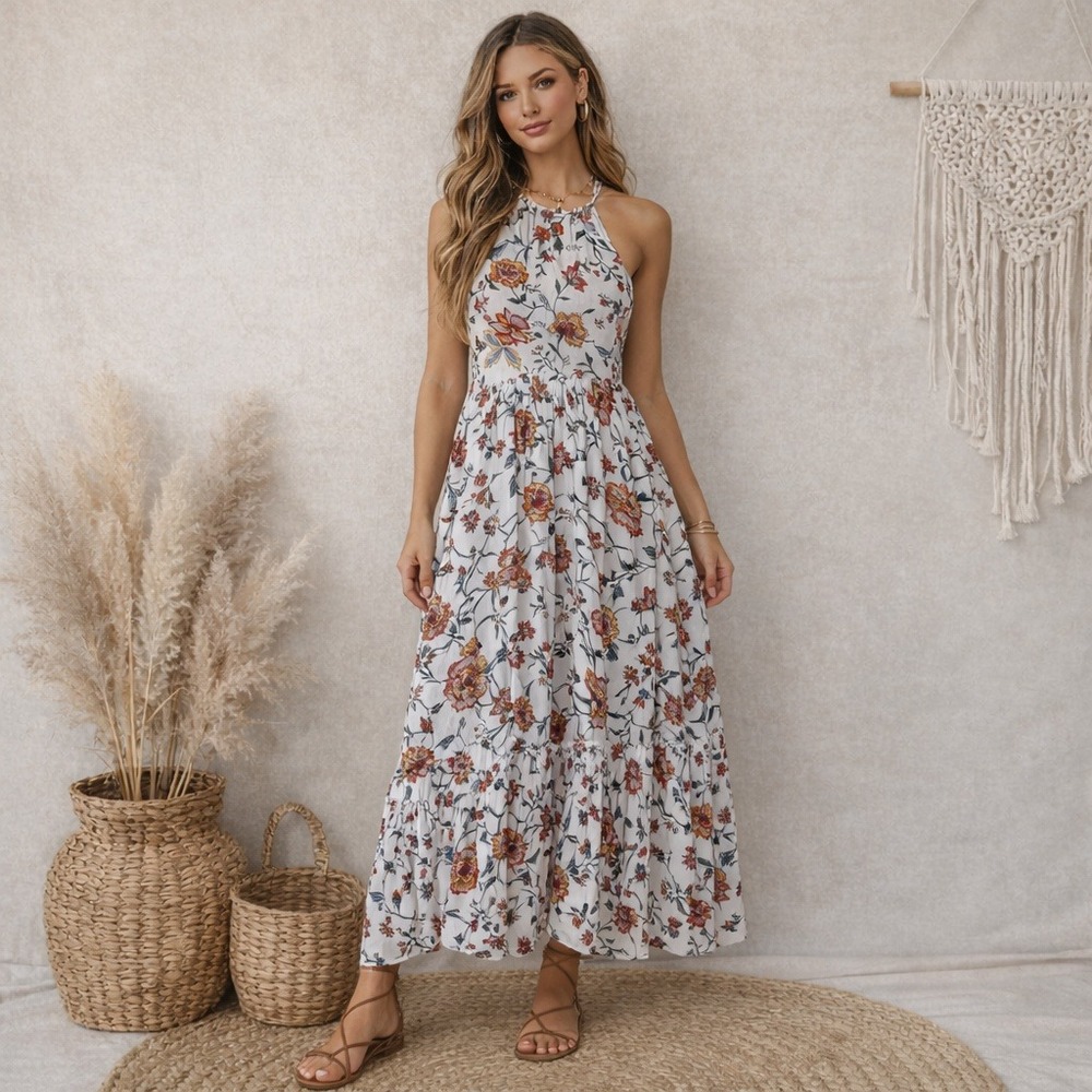 Old Navy Floral Halter Maxi Dress Sz S White‎ Boho Tiered Cottagecore Sundress